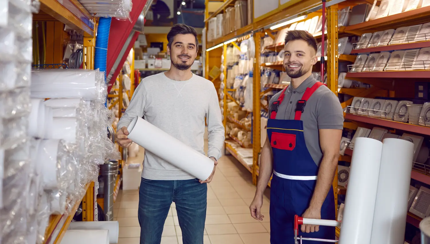 Junger Mann kauft Lüftungsrohre in einem modernen Baumarkt